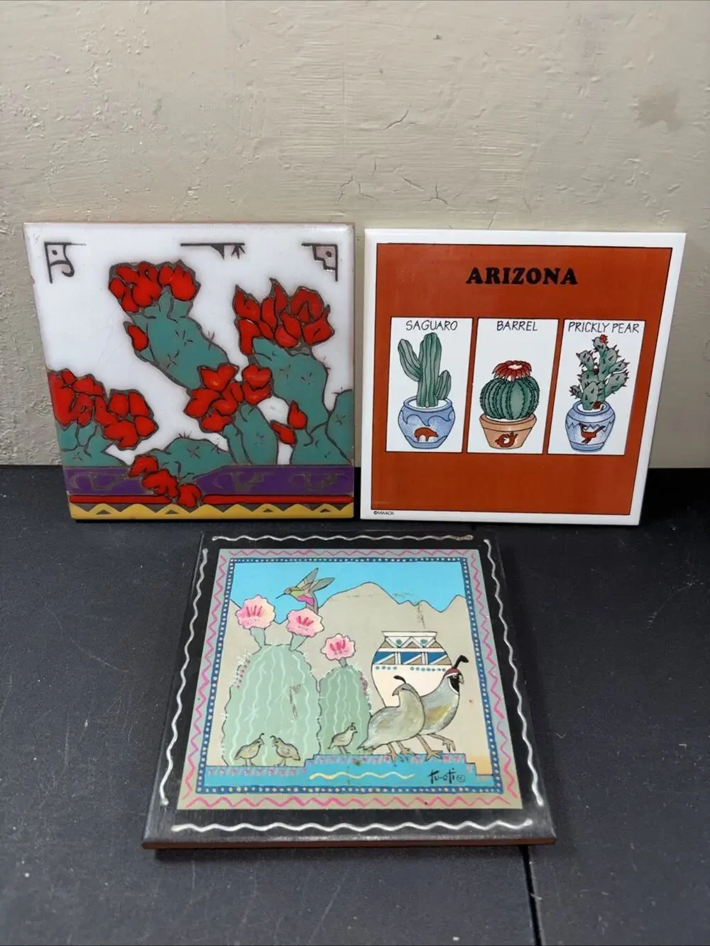 3 Vtg Southwestern Trivets Arizona Maack, Cactus Mag Mor & Tu-Oti Art Tiles